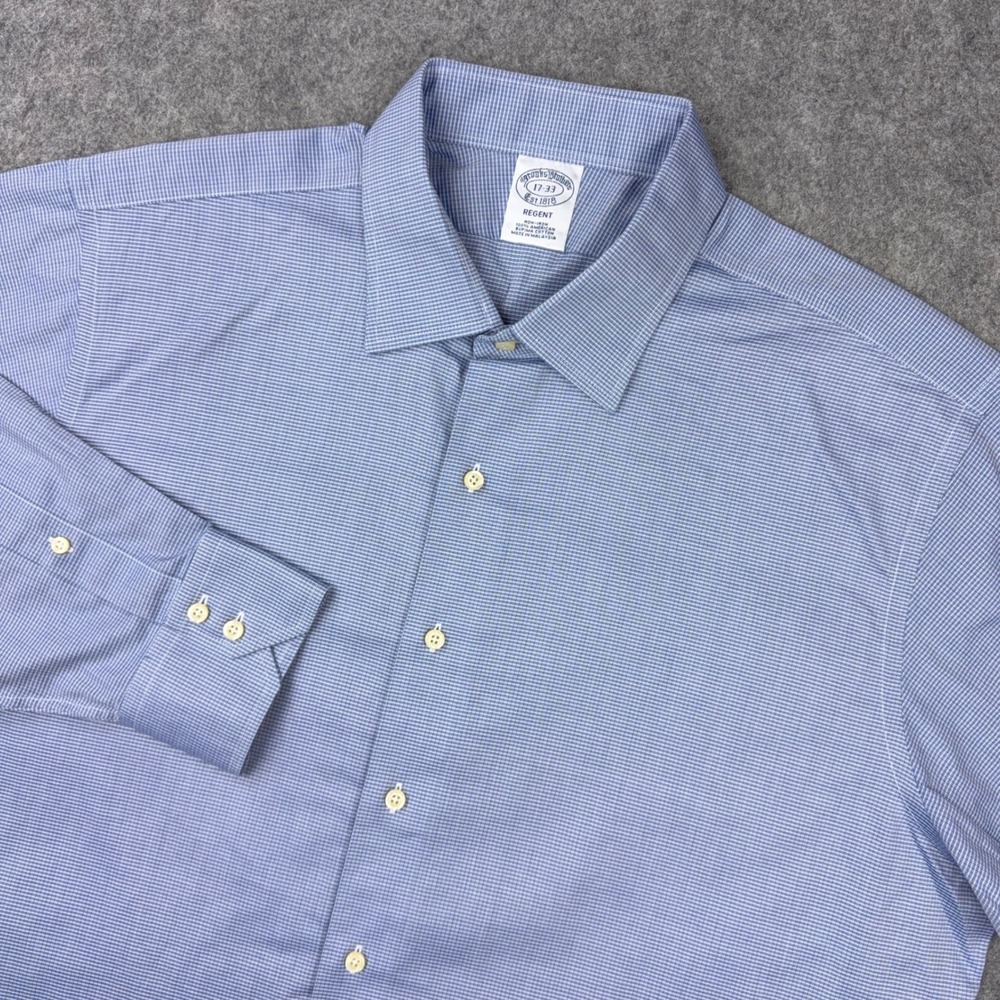 Brooks Brothers Dress Shirt Mens 17 33 Blue Regent Fit Herringbone Supima USA
